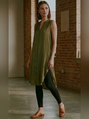 Haver London Sleeveless Long Tunic Shirt Dress Button Up Silky Olive Green Small